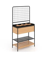 59" Raised Wooden Garden Bed with Metal Trellis Open Storage Shelves Drain Holes