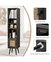 Costway Rattan Storage Cabinet Freestanding Slim Organizer Wood Display Rack Living Room