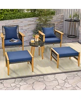 Costway 5 Pcs Patio Acacia Wood Wicker Woven Furniture Set with Coffee Table & 2 Ottomans