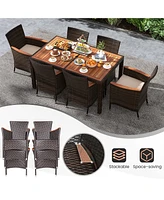 Costway 7 Pieces Outdoor Wicker Dining Set with Acacia Wood Table and 6 Stackable Chairs