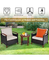 Costway 3PCS Patio Wicker Sofa Set Acacia Wood Frame