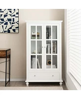 Bookcase Cabinet Storage Bookshelf Organizer Tempered Glass Doors Shelf Drawer