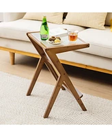 Rattan Side Table Bamboo Accent Bedside with Tempered Glass Top