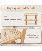 1 Pc Bamboo Side Table with Rattan Shelf Glass Top Nightstand Small Sofa End Table