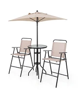 4PCS Patio Bistro Set Folding Counter Height Chairs Round Bar Table& Umbrella