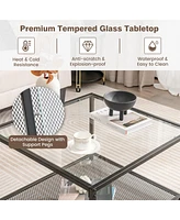 Costway Glass Coffee Table 27.5 Inch 2-Tier Square with Mesh Shelf Living Room