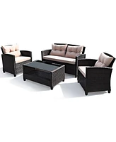 Costway 4PCS Outdoor Rattan Furniture Set Cushioned Sofa Armrest Table