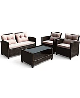 Gymax 4pcs Outdoor Rattan Furniture Set Cushioned Sofa w/Armrest Home