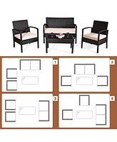 Costway 4PCS Patio Rattan Conversation Furniture Set Cushioned Seat Glass Table