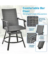 Costway 3PCS Patio Rattan Bar Table Stools Set Aluminum 360° Swivel Chairs with Padded Seat