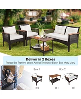 4PCS Patio Rattan Acacia Wood Furniture Set Cushion Sofa Armrest Deck