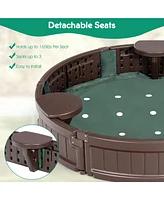 Costway 4F Wooden Sandbox w/Built-in Corner Seat, Cover, Bottom Liner for Outdoor Play