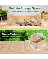 Costway Potting Bench Table Wooden Garden Work Bench Platform with Display Rack Hidden Sink