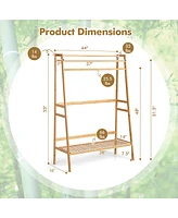 Costway 2-Tier Bamboo Garment Rack Clothing Storage Organizer Coat Hanger w/ Rod & Hooks