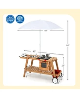 Costway Kid's Play Trolley Outdoor Wooden Kids Play Cart with Sun Umbrella for Toddlers 3+