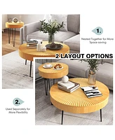 Costway Farmhouse Round Coffee Table Set of 2 End Table Natural Finish for Living Room