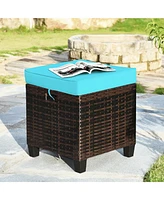 Gymax Set of 2 Patio Rattan Ottoman Footrest Garden Outdoor w/ Turquoise Cushion