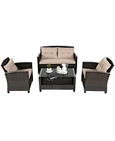 Gymax 4pcs Patio Rattan Conversation Set Cushioned Outdoor Furniture Set