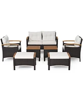 Gymax 7PCS Rattan Patio Conversation Furniture Set Cushioned Outdoor Wicker Sofa Set