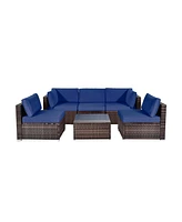 Gymax 6PCS Rattan Outdoor Sectional Sofa Set Patio Furniture Set w/ Navy Cushions