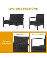 Gymax 4PCS Rattan Patio Conversation Furniture Set Outdoor Sofa Set w/ Black Cushions