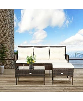 Gymax 3PCS Patio Rattan Sectional Conversation Furniture Set w/ Off White Cushions