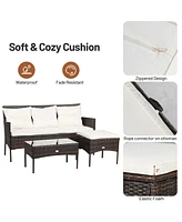 Gymax 3PCS Patio Rattan Sectional Conversation Furniture Set w/ Off White Cushions