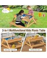 Gymax 3 in 1 Kids Picnic Table Wooden Outdoor Water Sand Table with Play Boxes