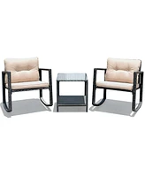 3PC Patio Rattan Conversation Set Rocking Chair Cushioned