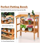 Costway Garden Wooden Potting Bench Work Station Table Tool Storage Shelf W/Hook