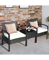 Costway 3PCS Patio Rattan Furniture Set Table & Chairs Set with Cushions