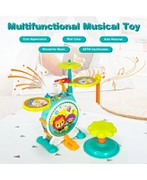3-Piece Electric Kids Drum Set Musical Toy Gift w/Microphone Stool Pedal