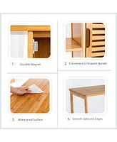 Costway Bathroom Cabinet Bamboo Storage Floor Cabinet w/ Single Door & 3 Open Shelves