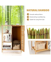 Costway Bathroom Cabinet Bamboo Storage Floor Cabinet w/ Single Door & 3 Open Shelves