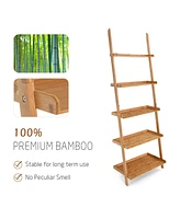 Costway 5-Tier Ladder Shelf Bamboo Bookshelf Wall-Leaning Storage Display Plant Stand