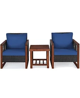 Costway 3PCS Patio Wicker Furniture Set Solid Wood Frame Cushion Sofa w/ Square Table Shelf