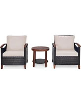3PCS Patio Rattan Furniture Set Wooden Frame Cushion Table Shelf
