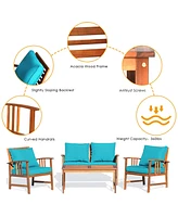 Gymax 4pcs Wooden Patio Furniture Set Table & Sectional Sofa w/ Turquoise Cushion