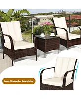 Gymax 3PCS Patio Outdoor Rattan Conversation Set Furniture Set w/ Table Cushions