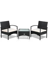 Gymax 3 Pcs Patio Wicker Rattan Furniture Set Coffee Table & 2 Rattan Chair W/Cushion