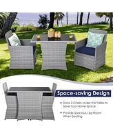 Gymax 3PCS Outdoor Rattan Conversation Set Patio Dining Table Set w/ Navy Cushions