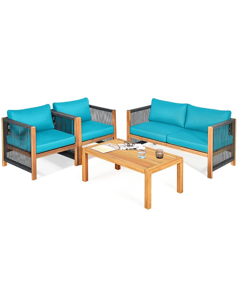 Gymax 4PCS Acacia Wood Outdoor Patio Furniture Conversation Set W/ Turquoise Cushions