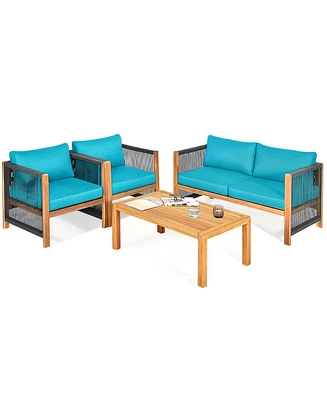 Gymax 4PCS Acacia Wood Outdoor Patio Furniture Conversation Set W/ Turquoise Cushions