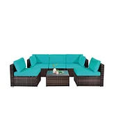 Gymax 6PCS Rattan Outdoor Sectional Sofa Set Patio Furniture Set w/ Turquoise Cushions