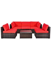 Gymax 6PCS Rattan Outdoor Sectional Sofa Set Patio Furniture Set w/ Red Cushions