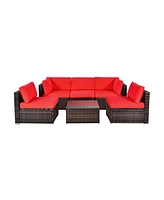 Gymax 6PCS Rattan Outdoor Sectional Sofa Set Patio Furniture Set w/ Red Cushions