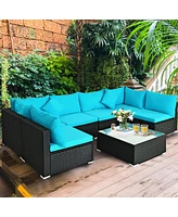 Gymax 7PCS Rattan Patio Conversation Set Sectional Furniture Set w/ Blue Cushion