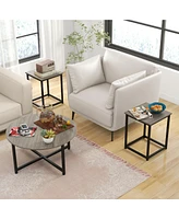 Costway 3 Pcs Coffee Table Set Round Coffee Table and 2 Pcs Square End Tables Metal Frame