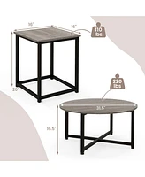 Costway 3 Pcs Coffee Table Set Round Coffee Table and 2 Pcs Square End Tables Metal Frame