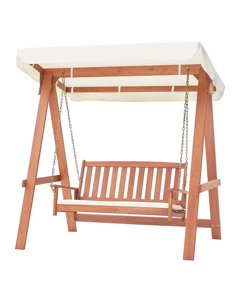 Costway Wood Porch Swing with Canopy Outdoor Patio 2-Seat Swing Bench with Cushions Backyard